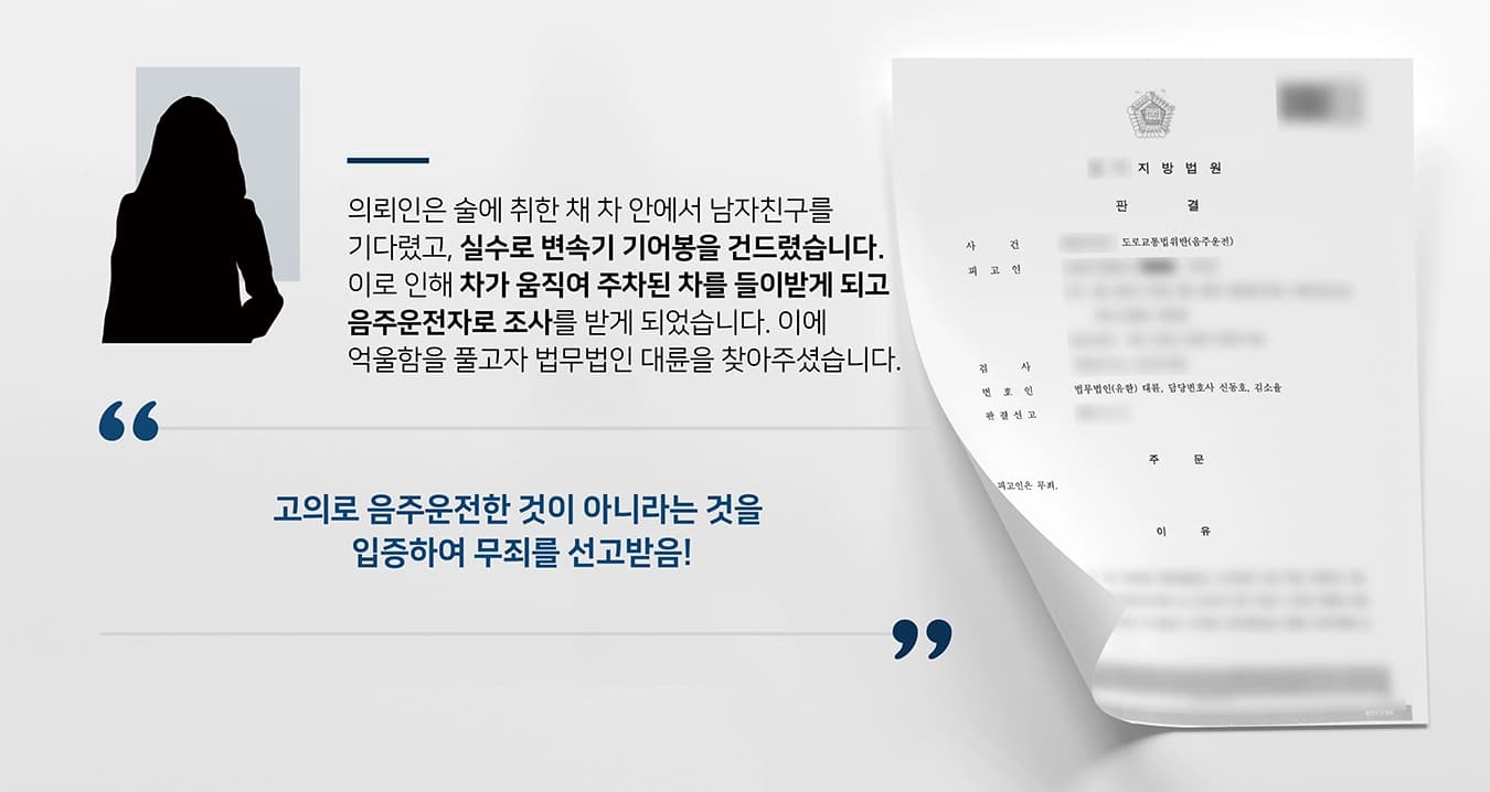 본 사건의 의뢰인은 술을 마신 후 운전을 했다는 혐의로 조사를 받게 되었습니다.사건 당시 의뢰인은 지인들과 술을 마신 후 데리러 온다는 남자친구를 차 안에서 기다렸습니다. 그러다 취기도 오르고 날이 더워 에어컨을 틀고자 차의 시동을 걸게 되었습니다. 의뢰인은 에어컨을 켜기 위해 팔을 뻗다가 실수로 변속기 기어봉을 건드리게 됩니다. 이로 인해 기어가 D단에 위치하였고, 의뢰인의 의지와 상관없이 차가 움직여 주차되어 있는 차를 들이받게 되었습니다. 이후 '쾅' 소리에 놀란 주민의 신고로 음주운전자로 조사를 받게 되었습니다. 의뢰인은 남자친구를 기다리고 있었던 것으로 운전할 의사가 전혀 없었기에 음주운전 혐의를 받은 것이 억울하여 형사전문변호사가 있는 법무법인 대륜을 찾아주셨습니다. 