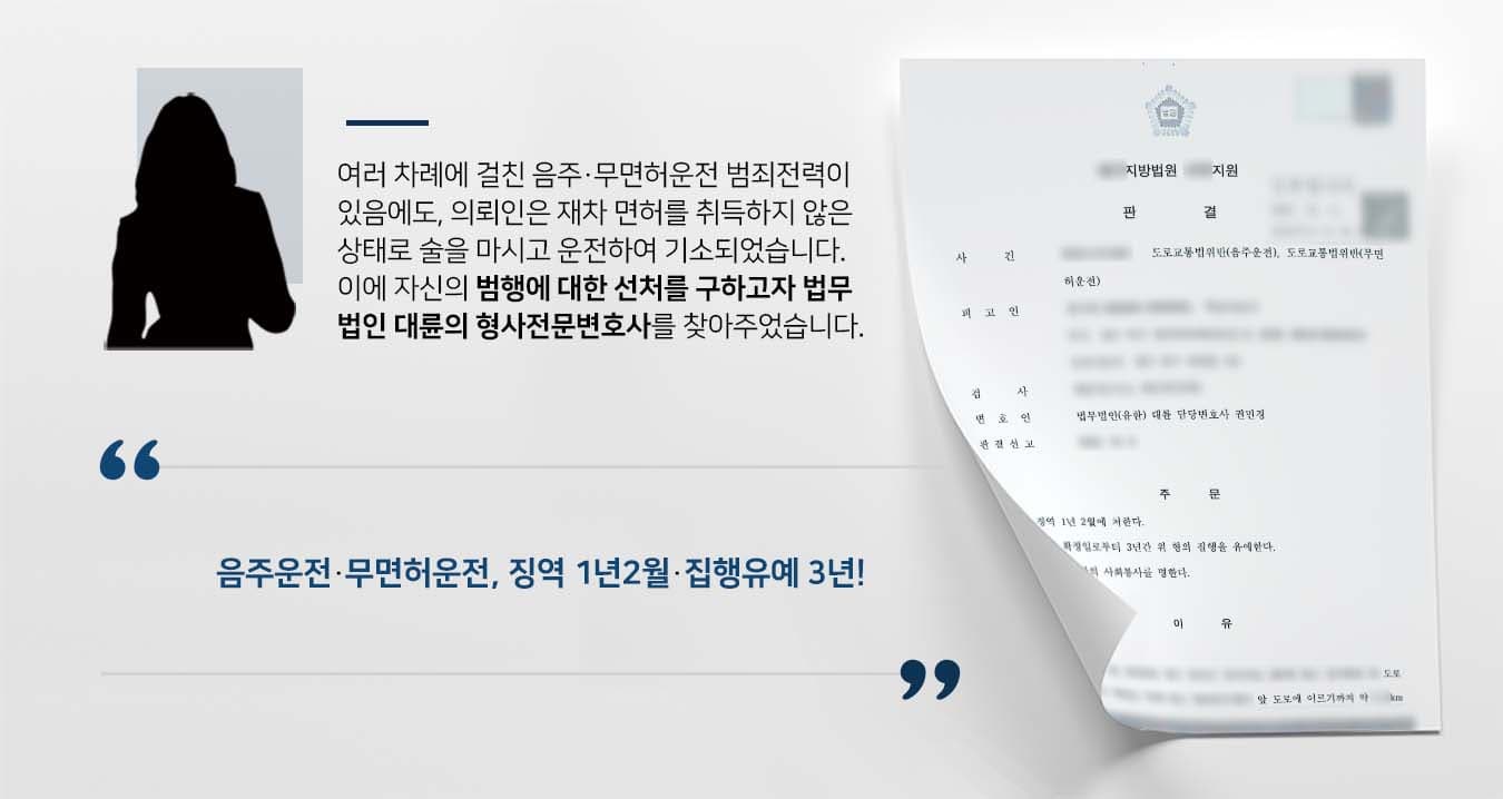 ## 동종전력이 많음에도 재차 무면허운전 의뢰인은 음주 또는 무면허운전으로 여러 차례의 징역형의 집행유예와 벌금형을 선고 받은 바 있습니다. 그럼에도 재차 집행유예 기간 중에 면허를 취득하지 않은 상태에서 술을 마시고 운전을 하여, 무면허운전 및 음주운전 혐의로 기소되었습니다. 이에 선처를 구하기 위해 법무법인 대륜의 형사전문변호사를 찾아왔습니다.  ## 무면허운전 변론 면밀히 준비 법무법인 대륜은 의뢰인과의 면밀한 상담을 거쳐 3인 이상의 전문가들로 형사전문변호사팀을 구성하였습니다. 무면허운전, 음주운전 등 사건처리 경험이 풍부한 형사전문변호사팀은 의뢰인이 바라는 대로 다음과 같이 조력하였습니다.  ■ 피고인이 범행을 인정하며 반성하는 태도를 보이고 있다는 점 주장 ■ 차량을 매각하고 알코올중독 치료를 받고 있다는 점 강조 ■ 다시는 재범하지 않겠다고 다짐하고 있다는 점 주장  ## 무면허운전 집행유예 판결 재판부는 법무법인 대륜의 주장을 받아들여 "피고인을 징역 1년 2월에 처한다. 다만 이 판결 확정일로부터 3년 간 위 형의 집행을 유예한다"라는 판결을 내렸습니다.   만약 무면허운전, 음주운전 등 위 사례와 비슷한 상황으로 곤란을 겪고 계시다면 언제든 법무법인 대륜으로 의뢰해 주시길 바랍니다.  △도로교통법 제43조(무면허운전 등의 금지) 누구든지 제80조에 따라 시ㆍ도경찰청장으로부터 운전면허를 받지 아니하거나 운전면허의 효력이 정지된 경우에는 자동차등을 운전하여서는 아니 된다.  법무법인 대륜은 법률전문가 3인 이상으로 전담팀을 구성해 전문성을 극대화하며, 해결사례를 토대로 구축한 대륜만의 소송시스템으로 의뢰하신 사건을 성공으로 이끌어 오고 있습니다.   본 소송과 관련하여 법률조력이 필요하시다면 법무법인 대륜과 함께 준비하시길 바랍니다.   