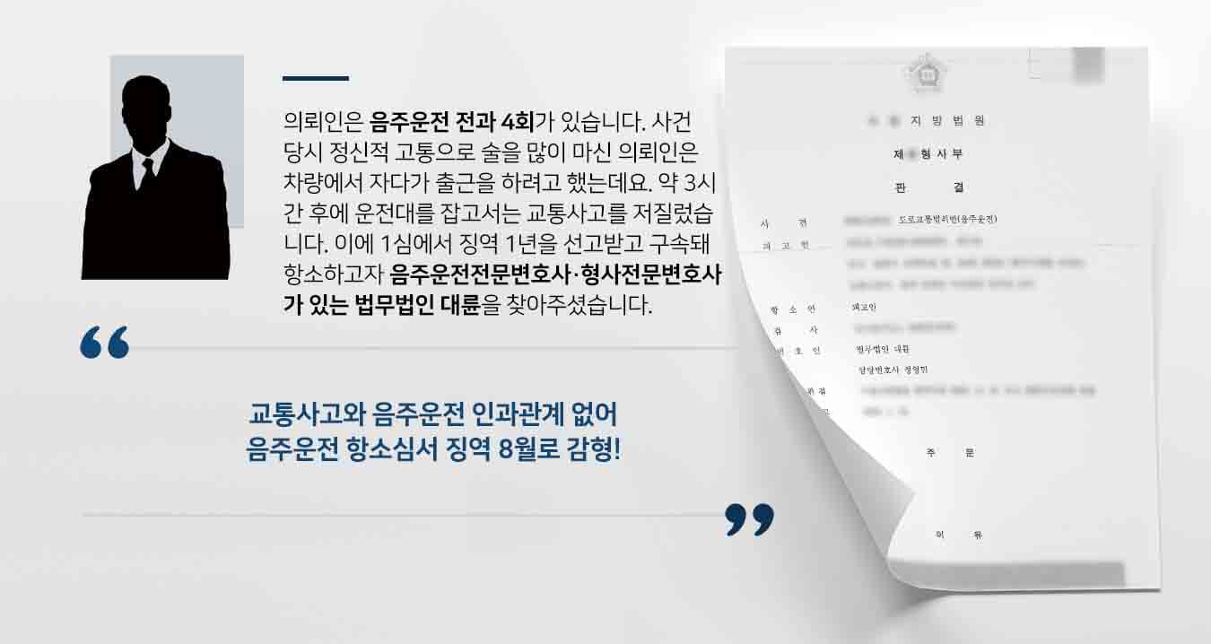 의뢰인은 음주운전 전과 4회가 있습니다. 사건 당시 정신적 고통으로 술을 많이 마신 의뢰인은 차량에서 자다가 출근을 하려고 했는데요. 약 3시간 후에 운전대를 잡고서는 교통사고를 저질렀습니다. 이에 1심에서 징역 1년을 선고받고 구속돼 항소하고자 음주운전전문변호사·형사전문변호사가 있는 법무법인 대륜을 찾아주셨습니다.