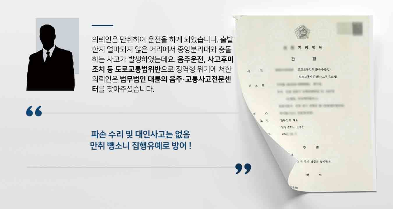 의뢰인은 만취하여 운전을 하게 되었습니다. 출발한지 얼마되지 않은 거리에서 중앙분리대와 충돌하는 사고가 발생하였는데요. 음주운전, 사고후미조치 등 도로교통법위반으로 징역형 위기에 처한 의뢰인은 법무법인 대륜의 음주·교통사고전문센터를 찾아주셨습니다. 