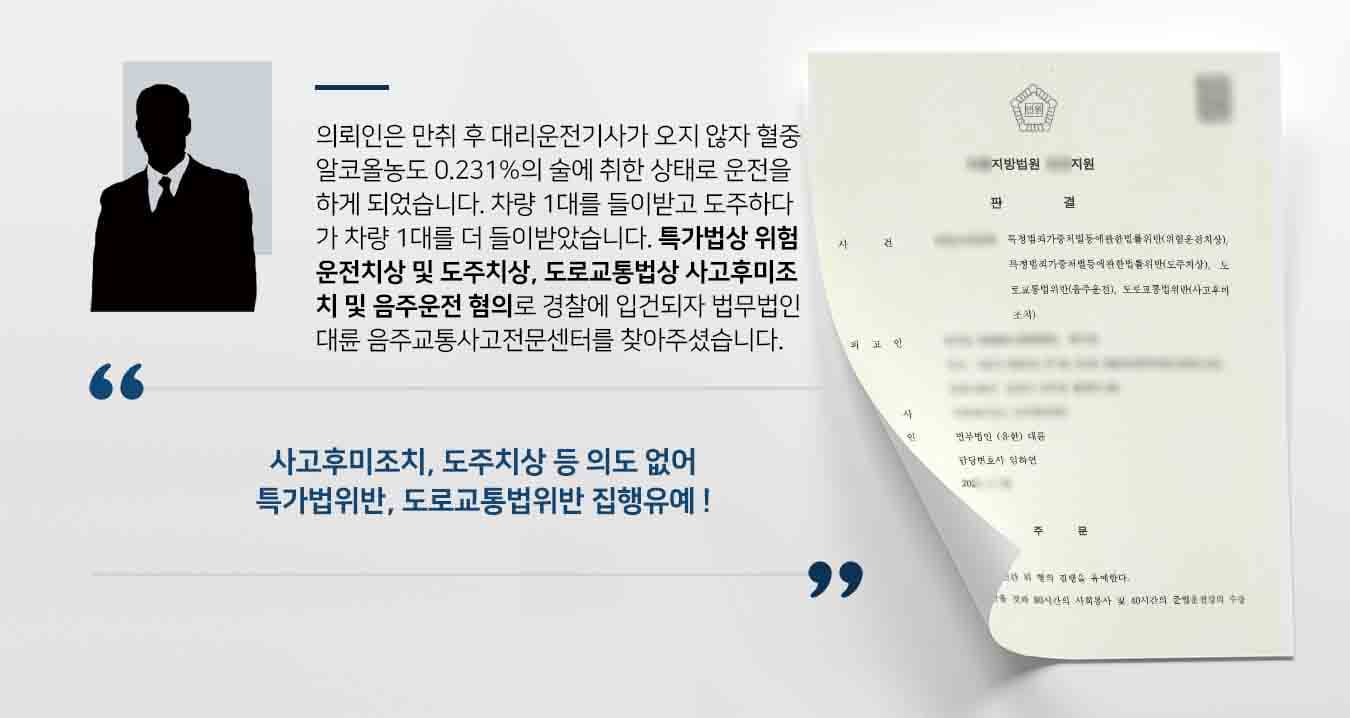 의뢰인은 만취 후 대리운전기사가 오지 않자 혈중알코올농도 0.231%의 술에 취한 상태로 운전을 하게 되었습니다. 차량 1대를 들이받고 도주하다가 차량 1대를 더 들이받았습니다. 특가법상 위험운전치상 및 도주치상, 도로교통법상 사고후미조치 및 음주운전 혐의로 경찰에 입건되자 법무법인 대륜 음주교통사고전문센터를 찾아주셨습니다. 
