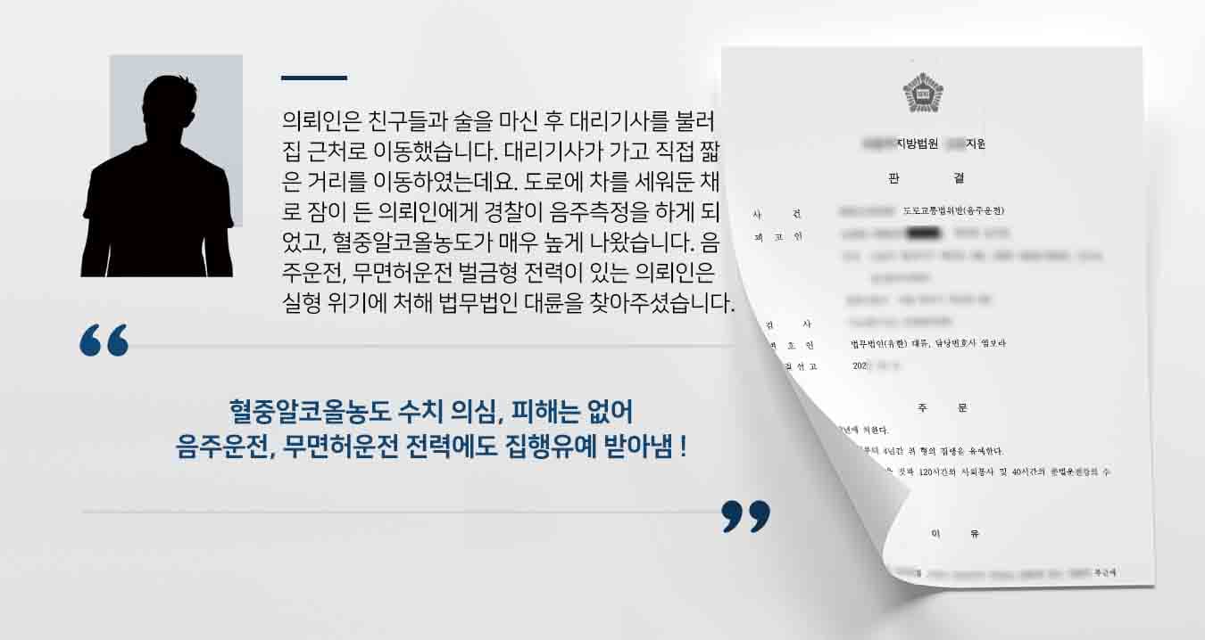 의뢰인은 친구들과 술을 마신 후 대리기사를 불러 집 근처로 이동했습니다. 대리기사가 가고 직접 짧은 거리를 이동하였는데요. 도로에 차를 세워둔 채로 잠이 든 의뢰인에게 경찰이 음주측정을 하게 되었고, 혈중알코올농도가 매우 높게 나왔습니다. 음주운전, 무면허운전 벌금형 전력이 있는 의뢰인은 실형 위기에 처해 법무법인 대륜을 찾아주셨습니다.