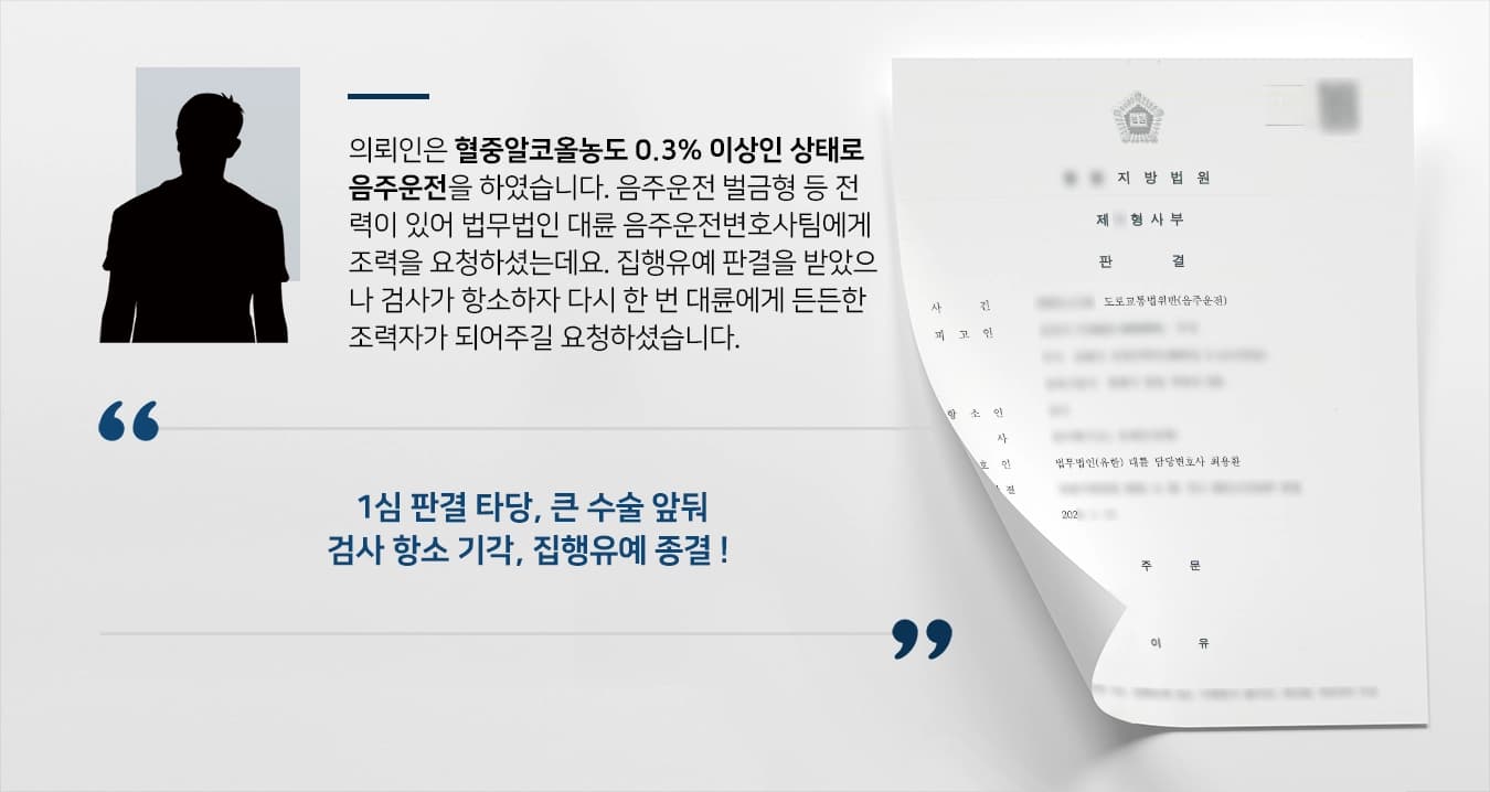 의뢰인은 혈중알코올농도 0.3% 이상인 상태로 음주운전을 하였습니다. 음주운전 벌금형 등 전력이 있어 법무법인 대륜 음주운전변호사팀에게 조력을 요청하셨는데요. 집행유예 판결을 받았으나 검사가 항소하자 다시 한 번 대륜에게 든든한 조력자가 되어주길 요청하셨습니다. 
