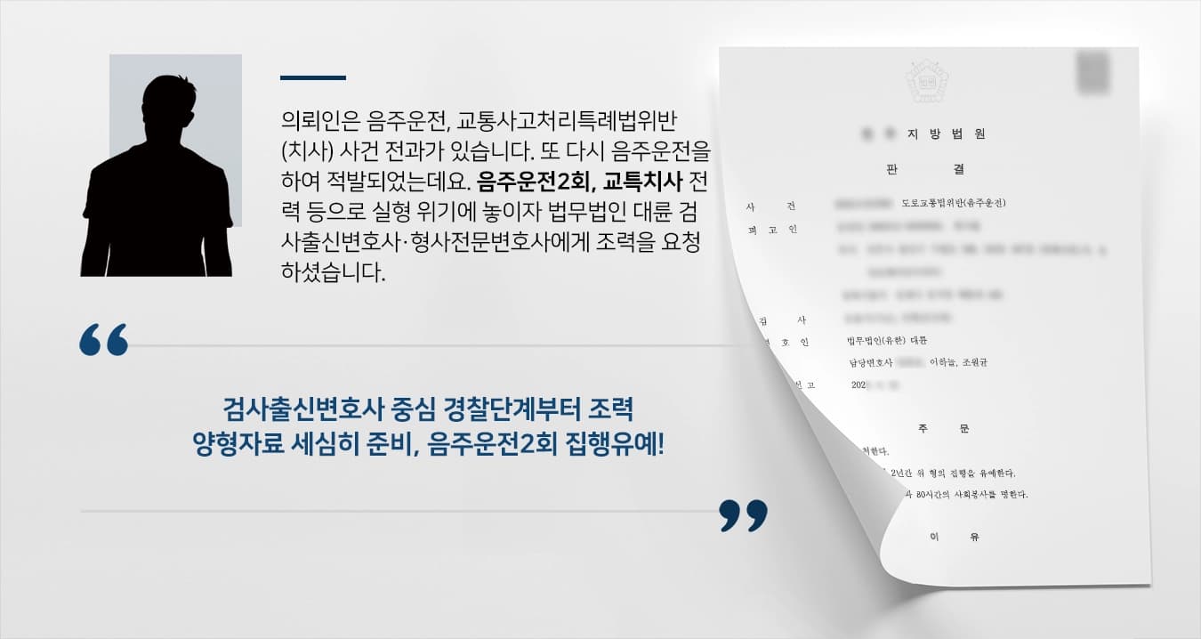 의뢰인은 음주운전, 교통사고처리특례법위반(치사) 사건 전과가 있습니다. 또 다시 음주운전을 하여 적발되었는데요. 음주운전2회, 교특치사 전력 등으로 실형 위기에 놓이자 법무법인 대륜 검사출신변호사·형사전문변호사에게 조력을 요청하셨습니다. 