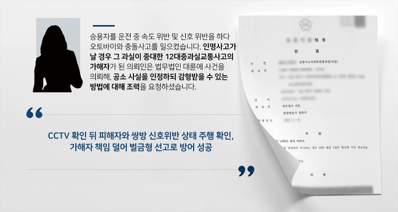 [벌금형 방어] 서울교통사고변호사, 12대중과실교통사고 가해자 변호로 벌금형 판결 받아내