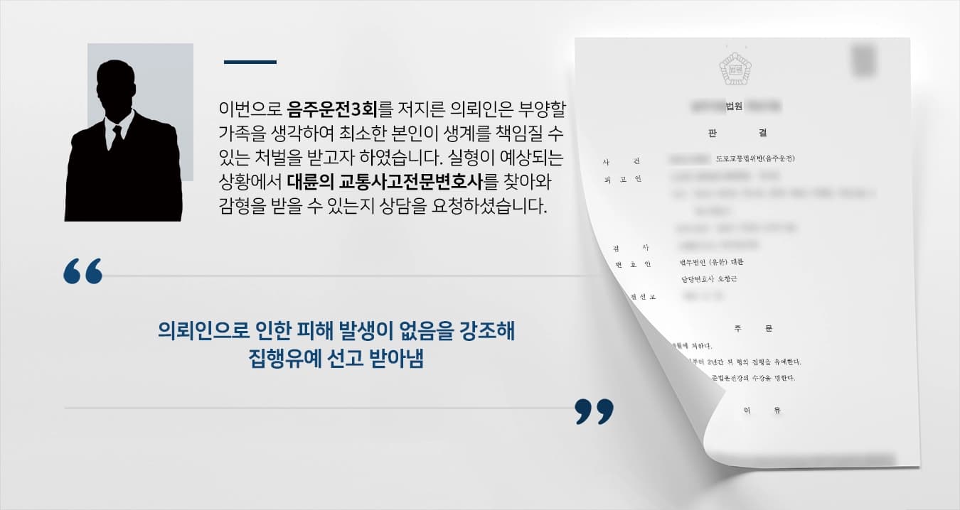 [음주운전3회 집행유예] 교통사고전문변호사, 동종 전과 2회 의뢰인 집행유예 방어