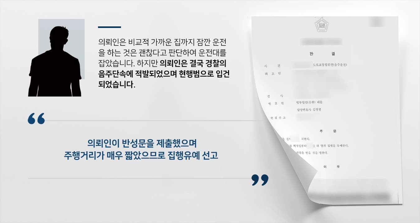 [대구형사변호사 조력사례] 음주운전현행범 입건된 의뢰인 조력하여 집행유예 받아냄 