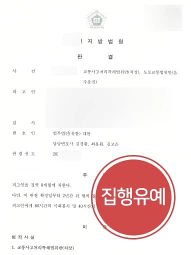 [교통사고처리특례법위반(치상) 집행유예] 교통사고변호사, 음주운전 경합 사건 실형을 면함
