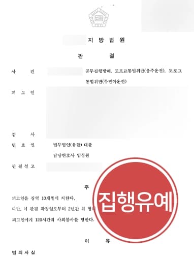 [음주운전, 무면허운전 등 혐의] 도로교통법위반, 공무방해죄 혐의까지 받는 피고인 집행유예로 방어