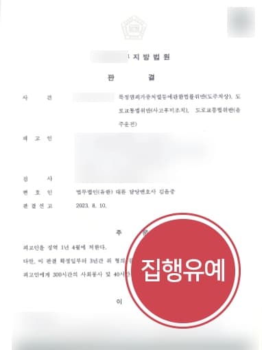 [음주운전소송 사례소개] 음주운전 3회차, 혈중알코올농도 0.1% 이상 형사변호사 집행유예 성공 