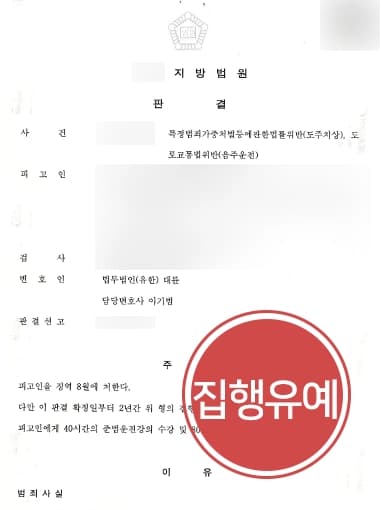 [음주운전범죄] 교통사고변호사 조력으로 집행유예 방어 성공