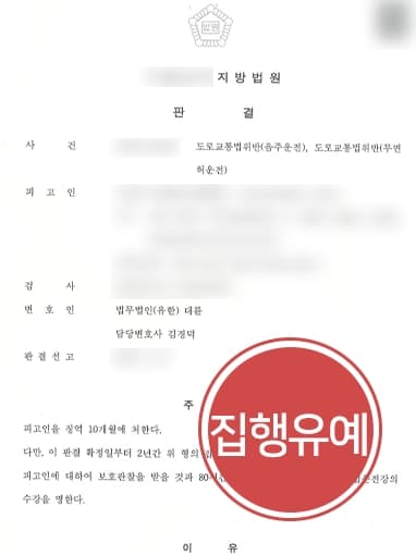 [음주운전현행범 방어사례] 도로교통법위반 다수 혐의 집행유예로 방어 성공
