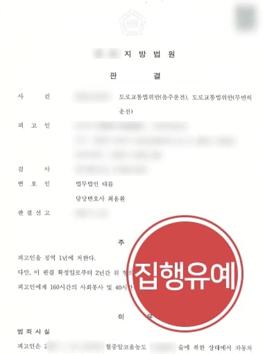 [도로교통법위반 집행유예] 동종 전과 보유하였으나 음주운전처벌 집행유예 방어