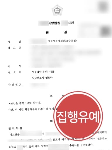 [음주운전2회처벌 이후 또다시 적발] 가족 병간호 참작, 집행유예 방어 성공